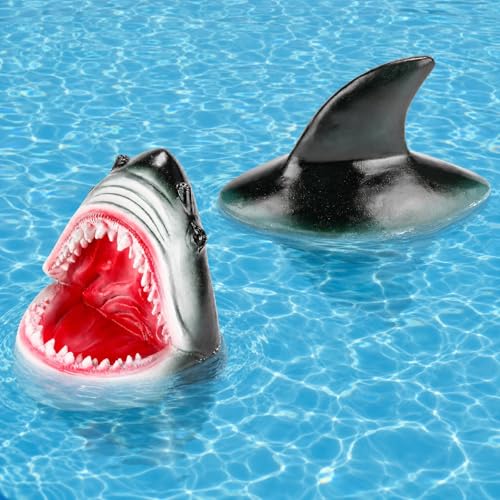 Geelin 2 Pcs Realistic Floating Shark Head Pool Decor with Fin Resin Scary Fake Shark Head Statue Detailed Texture Cool Funny for Outdoor Pools Pond Garden Decor Pool Party (Ducks/Birds Repellent)