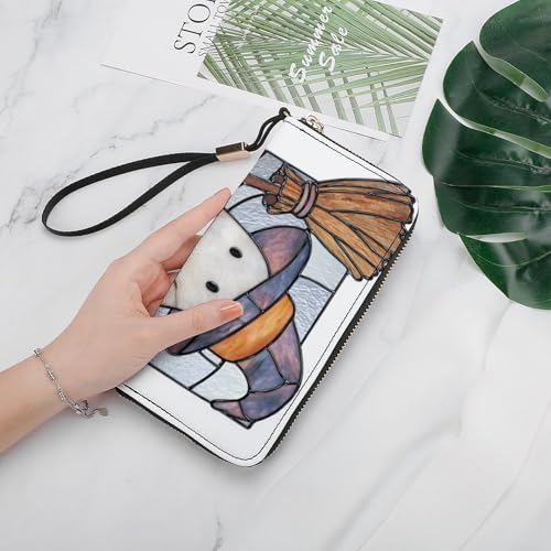 Stained Glass Cute Ghost Holding Old Broom PU Leather Clutch Long Bifold Wallet, Coin Purse Credit Pass Case, Durable Card-Holder Money Storage for Women Men4