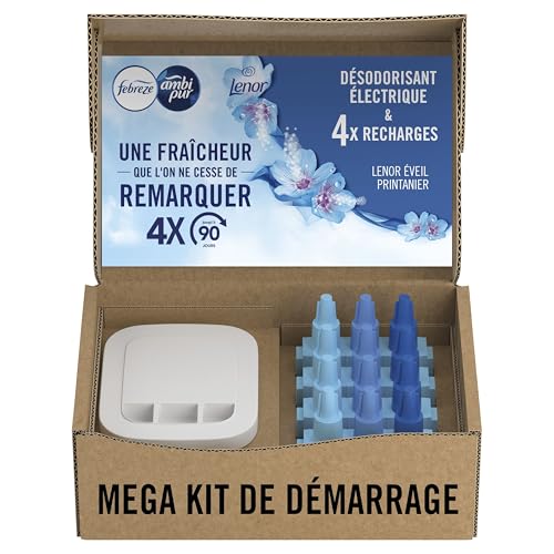 Febreze Désodorisant Électrique Kit de Démarrage (1 Diffuseur, 4 Recharges de 20ml, 3 Parfums en Alternance), Parfum Eveil Printanier de Lenor, Combat les...