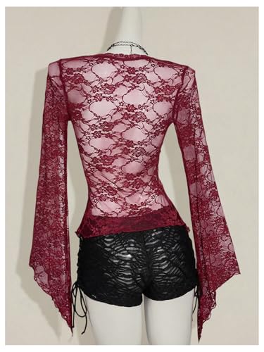 Milumia Women's Sexy Lace Bell Long Sleeve Tie Front Cardigan Sheer Mesh Y2K Rave Tops3