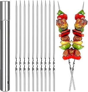 91PCS Kebab Skewers Stainless Steel with Storage Tube - 40cm, Long Reusable Flat Metal Skewer Sticks for BBQ Cocktail Shish Kabob Barbecue Meat Vegetables
