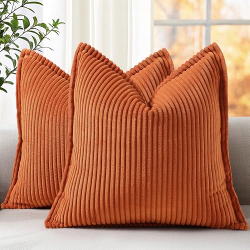 decorUhome Fall Corduroy Rust Throw Pillow Covers 18x18 Set of 2 Decorative Soft Boho Striped Neutral Euro Farmhouse Couch Pillow Cases with Broadside for Living Room Bed Sofa