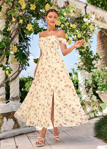 Image of GRACE KARIN 2026 Women's Summer Floral Wedding Guest Dress,Beach Flowy A Line Maxi Off Shoulder Bridesmaid Dresses