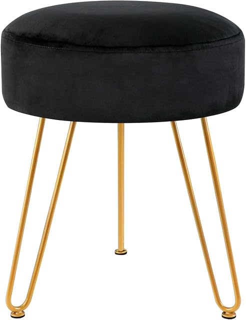 TOUCH-RICH Velvet Footrest Stool Ottoman Round/Square Modern Upholstered Vanity Footstool Side Table Seat Dressing Chair with Golden Metal Leg(Black,Round-Normal)