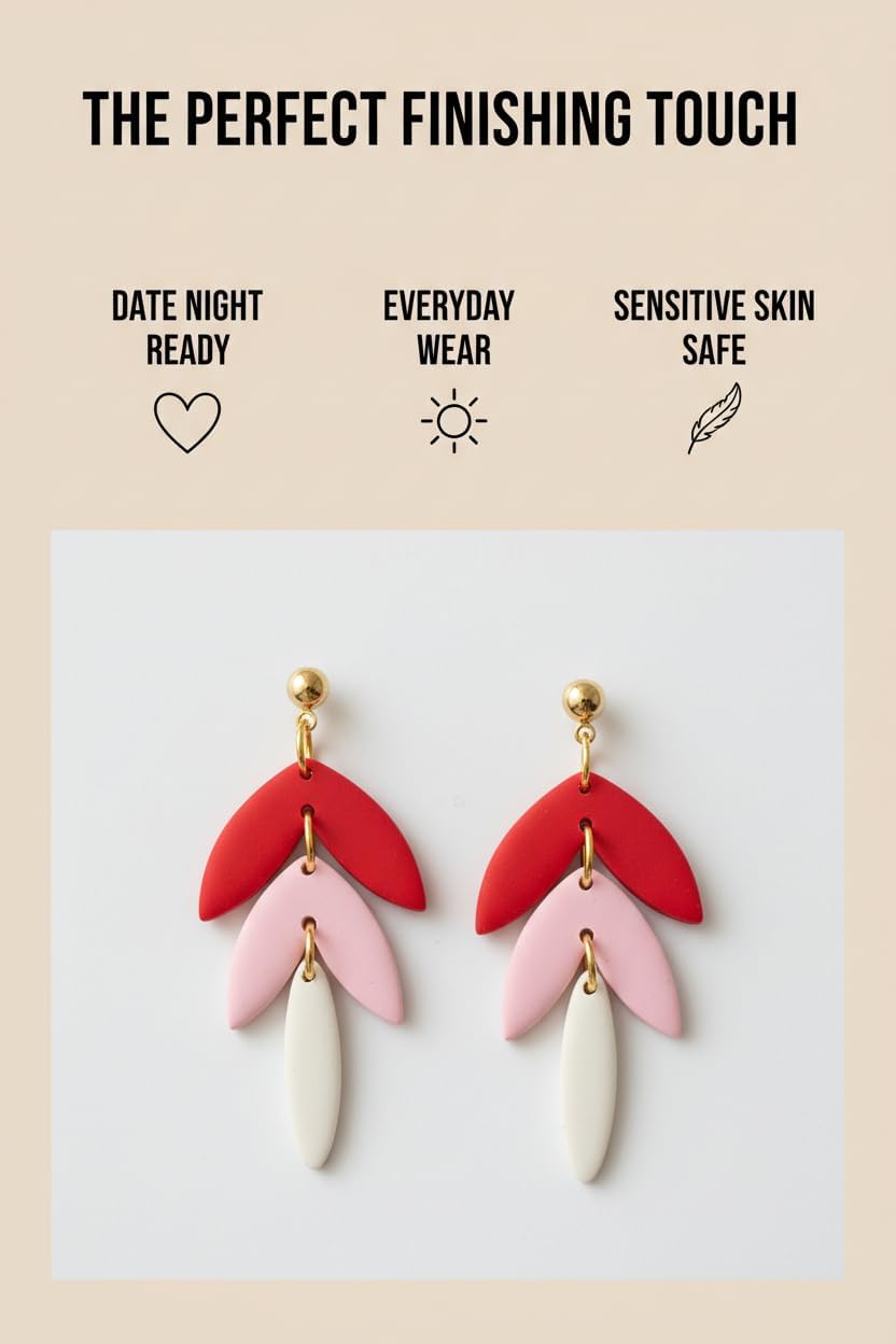 Lightweight Polymer Clay Dangle Earrings, Red Pink White Layered Petal Design, Hypoallergenic, Valentine's Day - Image 2