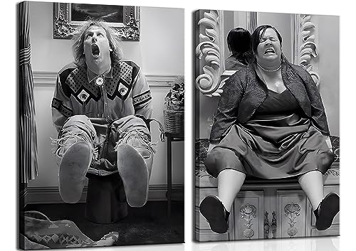 Funny Bathroom Canvas Wall Art Set of 2 - Black and White Vintage Humor Wall Decor, Dumb And Dumber...