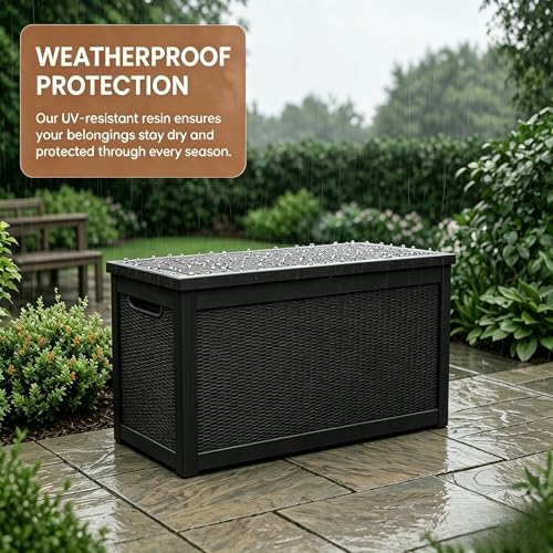 Image of 318 Gallon Large Resin Deck Box - Waterproof Outdoor Storage Chest for Patio Cushions, Garden Tools & Pool Supplies, UV-Resistant All-Weather Construction, Lockable Lid & Hydraulic Rods, Easy Assembly