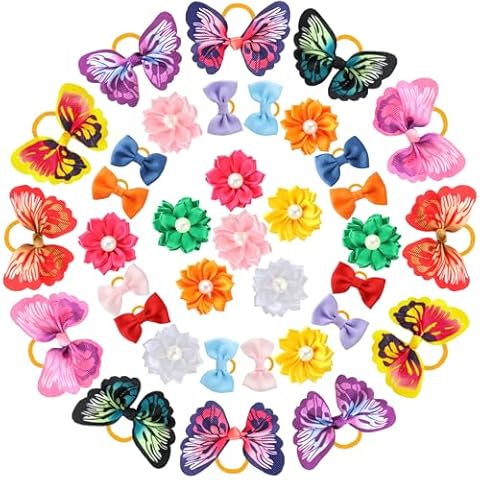 Janinka 36 Pieces Dog Hair Bows with Rubber Bands Butterfly Dog Knotted Bows Flower Pearls Hair Bows Elastic Hair Ties Bands Pets Dogs Cats Grooming Accessories Cover