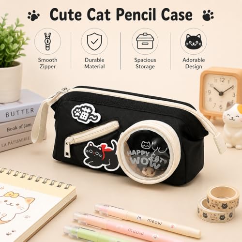Image of Happy Cat Black Pencil Pouch for Girls & Boys, Large Capacity Multi-Compartment Zipper Pencil Case with Transparent Display Window & Front Pocket Organizer