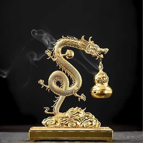 Golden Chinese Dragon Incense Holder Dual-Use Metal Feng Shui Decor with Hanging Gourd Cone Incense Burner & Hidden Stick Holder Spiritual Aromatherapy Gift for Meditation Home & Office Decoration
