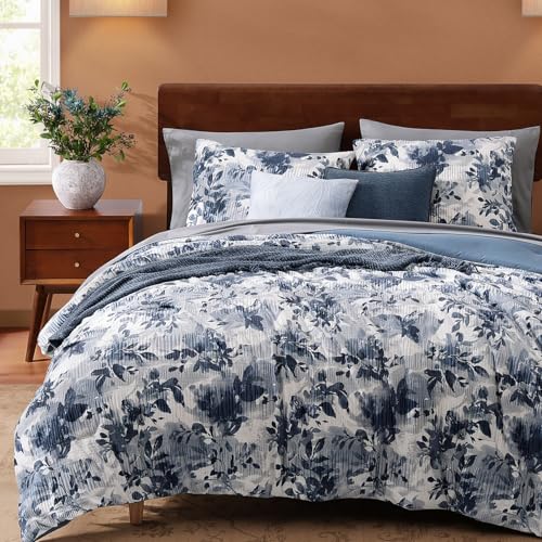 CASAAGUSTO Full Comforter Set, 7 PCS Navy Blue Floral Comforter Set with Flowers Leaves Pattern, Soft Velvet Design for Winter Full Size Bedding Set(80"X90")