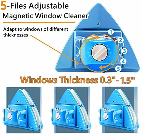 KOKITEA Double-Sided Window Cleaner Glass Wiper Magnetic Cleaning Tools, 4-Gears Adjustable Magnetic Glider Washing Brush Tools, for High-Rise Double Thick Glazed Windows Thickness 0.3"-1.5" (Blue)