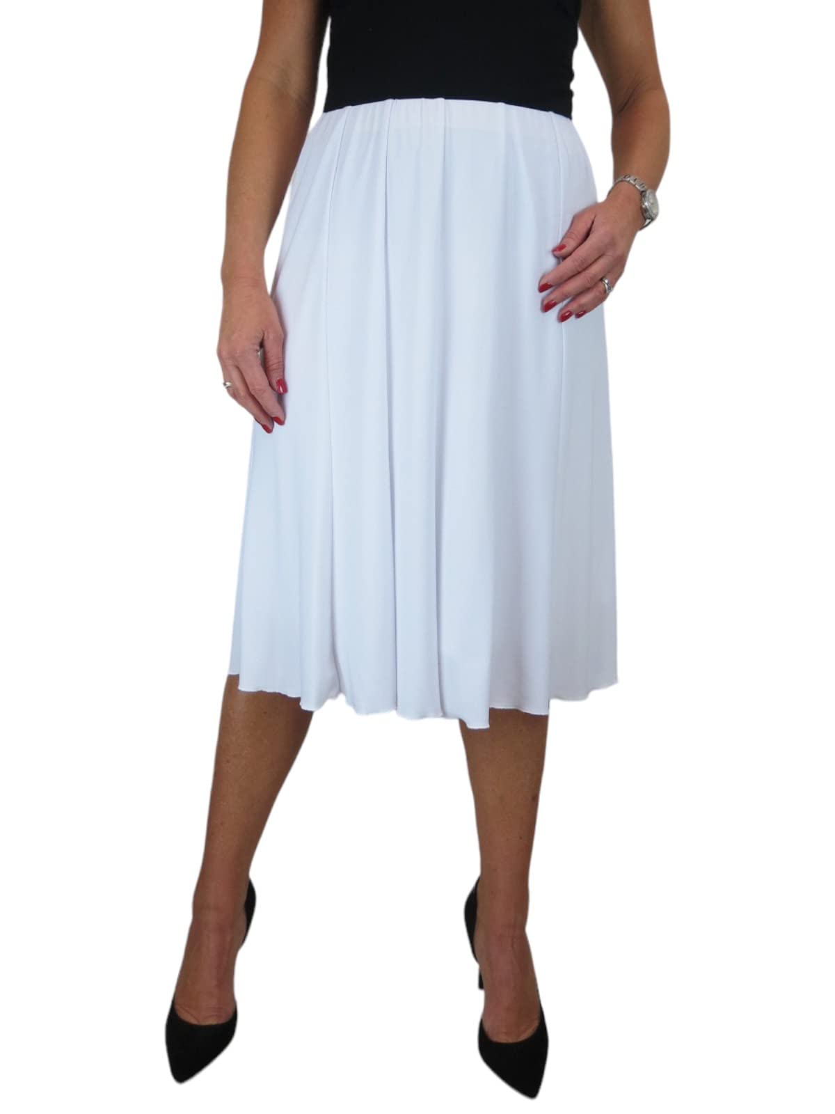 icecoolfashion Women's Below Knee Midi Swing Flare Skirt Ladies Soft Stretch Sheen Fully Lined Panel Skirt White 8-22 (S)