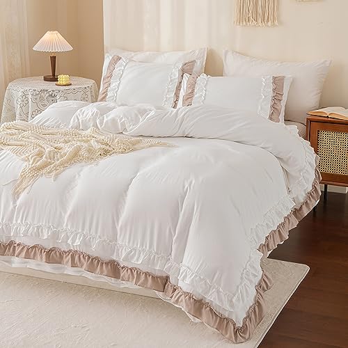 Herside White Taupe Ruffle Duvet Cover King Shabby Chic Bedding 2 Layers Ruffle Design Farmhouse Boho Bedding Sets 1 Duvet Cover 2 Pillowcases (White-Taupe - Image 2