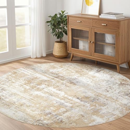 Round Rug Living Room Rugs: 6Ft Washable Circle Large Abstract Modern Soft Stain Resistant Non Slip Indoor Floor Carpet for Bedroom Nursery Office Dining Room Dorm Home House Decor- Gray Gold