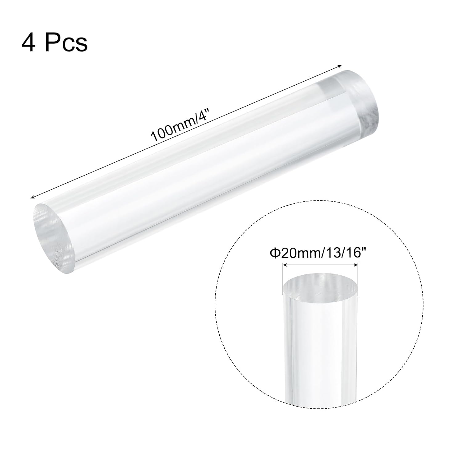 MECCANIXITY 4pcs Acrylic Round Rods 13/16" x 4" Clear Acrylic Dowel Rods Sticks Plastic Sticks Strip for DIY Crafts Lighting Gardening Decorations - 20mm x 100mm