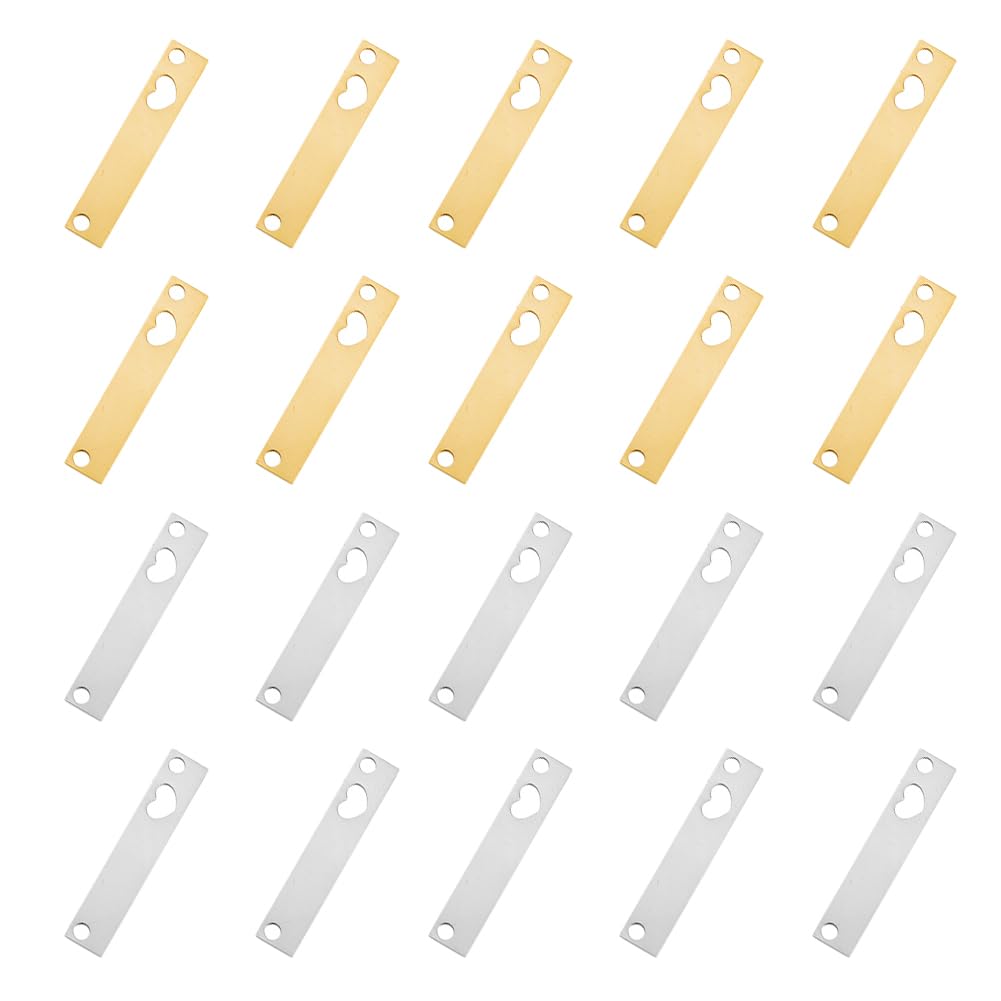 DICOSMETIC 20 Pcs 2 Colors Rectangle Links Rectangle with Heart Link Charms Golden Stamping Blank Tag 25x5x1mm Bar Connectors Stainless Steel Pendants for Jewelry Making, Hole: 1.6mm