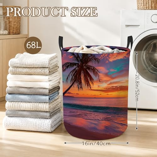 Image of Laundry Hamper, Tropical Beach Collapsible Sunset Palm Laundry Baskets Waterproof Oxford Cloth With Handles, Clothes Storage Bucket For Bathroom /Bedroom 16 inch x 20.8 inch