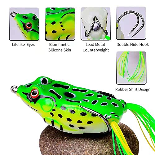 Ronchen Hollow Body Topwater Frog Lures, Soft Fishing Lure Kit ,With Plastic Box ,For Bass Snakehead Pike Catfish，5 Pack, Multicolor #TOP3