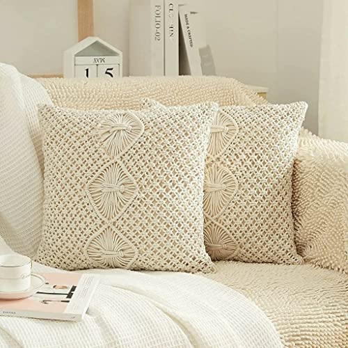 Image of Beautifull and Luxurious Handmade 100% Cotton Macrame Cushion Cover 16 inchx16 inch inch in Natural White Colour | Boho Cushion Cover in Premium Canvas Duck Fabric (WDM203) Pack of 2