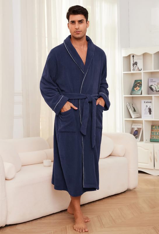 Vulcanodon Mens Shawl Collar Fleece Bathrobe, Soft Warm Long Sleeve Robe with Pockets Spa Robes for Men Cozy Sleepwear2