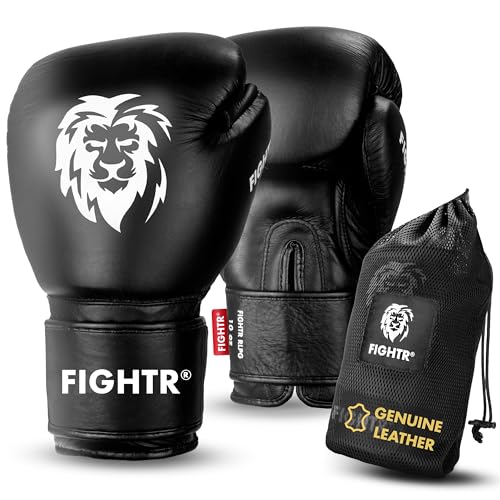 FIGHTR® Professionella boxhandskar av äkta läder | Män och kvinnor | för boxning, MMA, muay Thai, kickboxning och kampsport 10 12 14 16 oz | inkl. bärväska (svart, 14 oz)