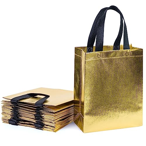 WRAPAHOLIC 12 Pack Reusable Gold Gift Bag with Handles - Medium Size 8 x 4 x 10 inch - Perfect for Birthday Gift Bags, Shopping Bag, Goodie Bags, Party Favor