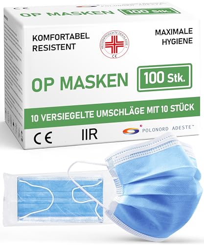 ADESTE – 100x Einweg OP Masken Typ IIR, 3-lagig, spritzwassergeschützt, konform mit UNI EN 14683:2019+AC:2019, BFE >98%