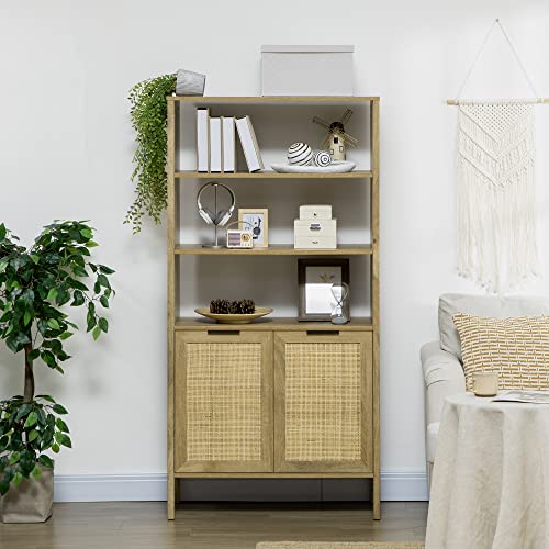 Homcom Bookshelf, Storage Cabinet With 3 Open Shelves And Natural Rattan Decor, Bookcase For Living Room, Study, Bedroom #TOP6