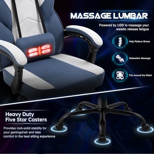 Image of DL-win Video Gaming Chair for Adults, Computer Chair with Footrest and Ergonomic High Back, Big and Tall Gamer Chair with Massage Lumbar Support (Light Blue Fabric)