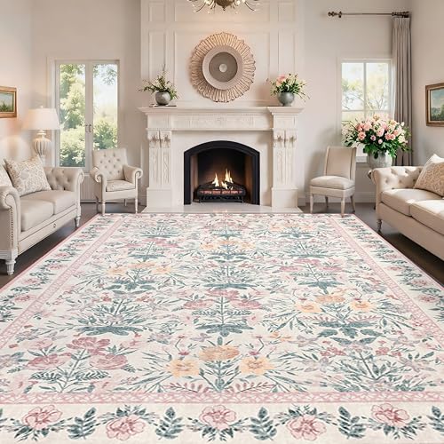 Arvenchy Boho Washable Area Rug: Floral Pink 10x14 Rug for
