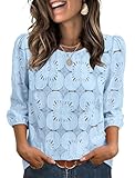 Spring Tops for Women Fashion Summer Beach Vacation Clothes 3/4 Sleeve Tops Lace Eyelet Blouses Business Casual Outfits Easter Shirts Light Blue L
