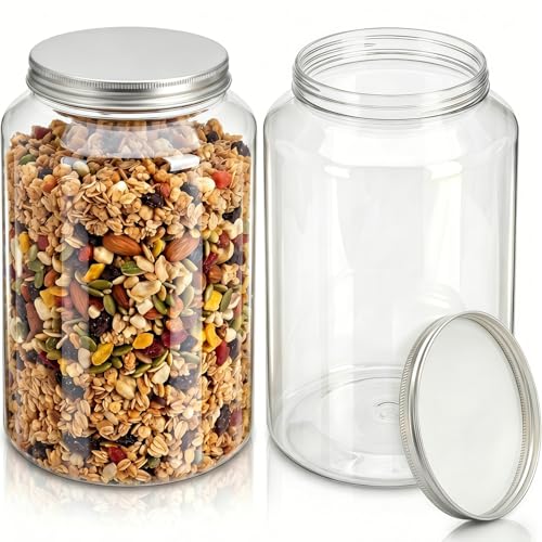 Tlence 2 Pack 1 Gallon Clear Plastic Jars Large Food Storage Containers with Aluminum Lids BPA Free Wide Mouth Mason Jug for Sourdough Starter Dry Goods Cookie Candy Fermenting Pickling