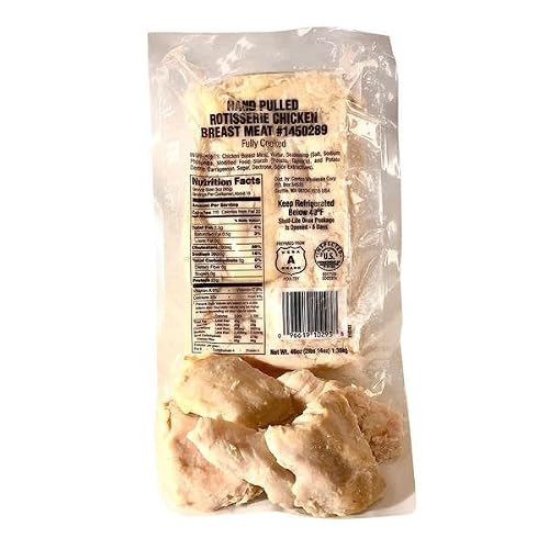 Hand Pulled Rotisserie Chicken Breast Meat, Ingredients .. Water; Seasoning (Salt, Modified Potato Starch, Potato Dextrin, Carrageenan, Sugar, Dextrose, Spice Extractives). [ 45 oz, 2.8 lb ]