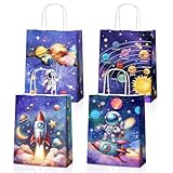 JOYGATHER 24 Pcs Astronaut Party Favor Bags with Handles - Space Galaxy Themed Solar Eclipse Goodie Gift Candy Kraft Paper Bags for Kids Birthday Party Supplies Decorations