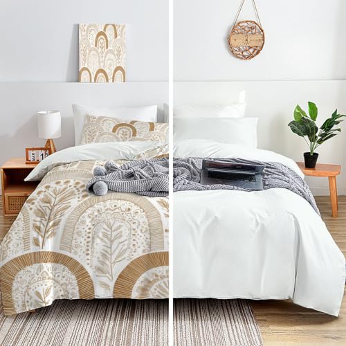 Housse de couette 220x240 beige parure de lit reversible en microfibre