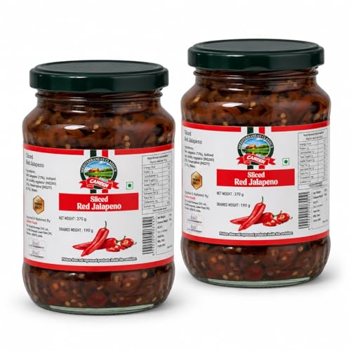 Image of CANEEN - Sliced Red Jalapenos 100% Vegan I Ready-to-Eat Fibre-Rich Topping for Pizza, Pasta, Snacks and Salads, Non-GMO (370g, Pack of 2)