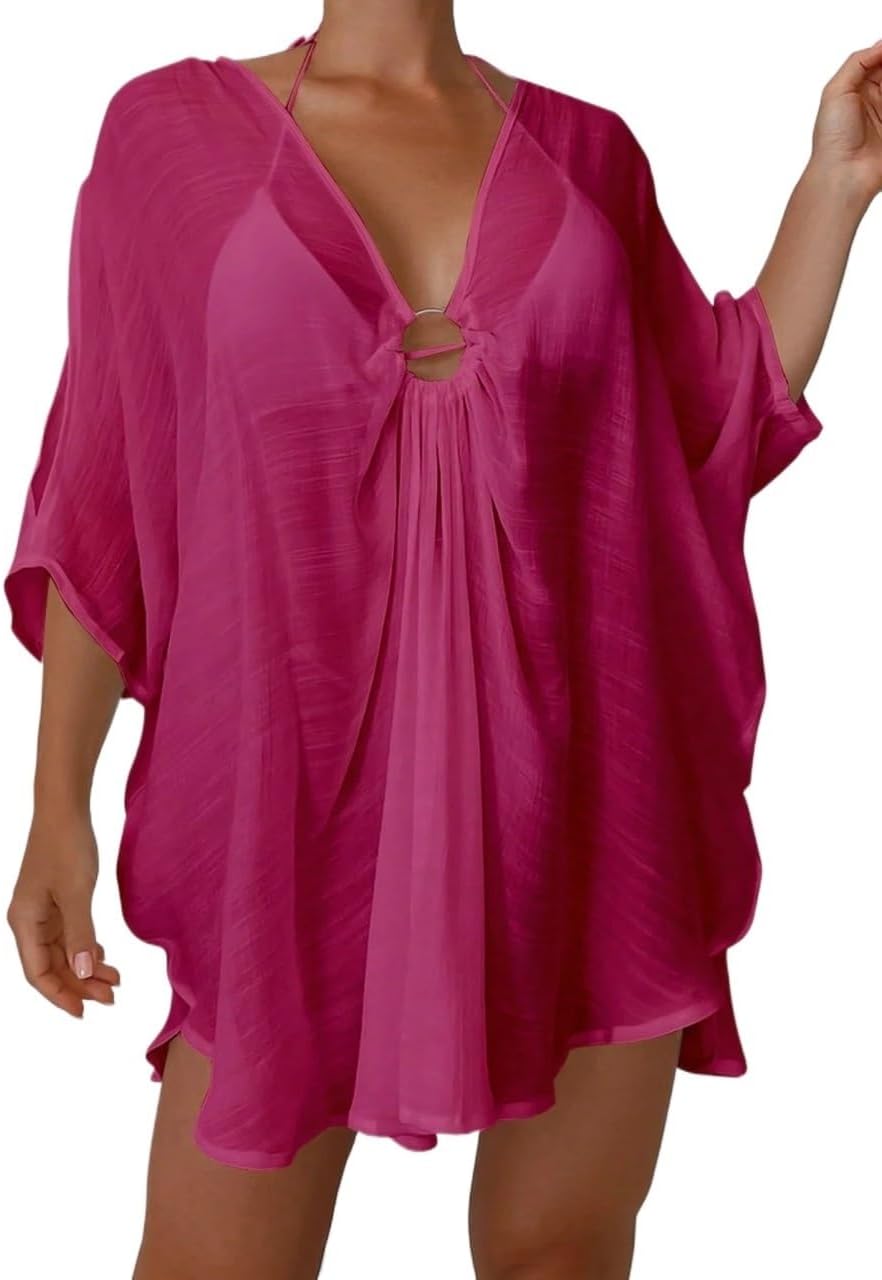 Womens Elegant Loose Solid Color Batwing Sleeve Cover Up For Summer Beach cover ups for swimwear
