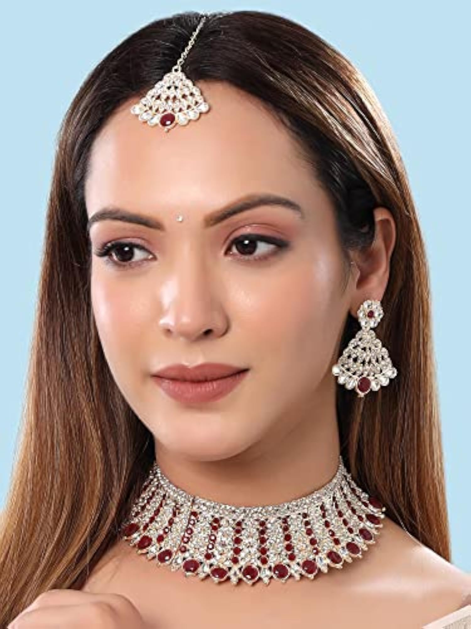 Women's Crystal Tone Red Broad Choker Necklace Set, Birthday Gift