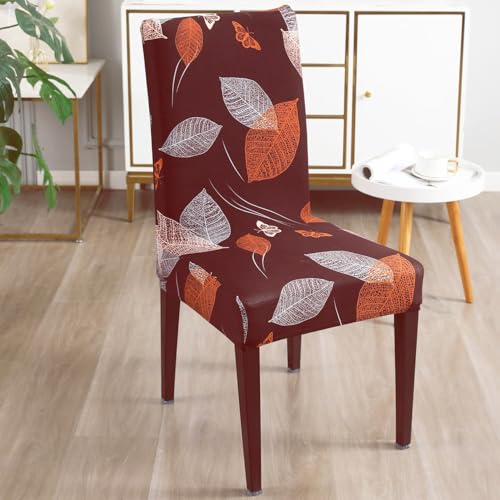 Image of Stretchable Dining Chair Cover - Washable, Removable, Anti-Slip, Protector, Universal Fit (Set of 1, Maroon Leaf)