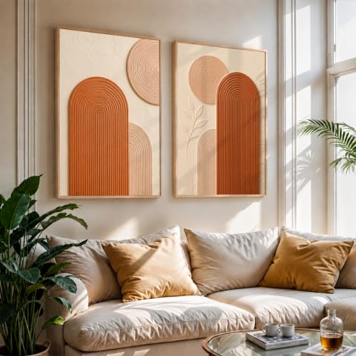 Image of NoWorries Abstract Arch Wall Painting Set of 2 with Frame | Terracotta Beige Geometric Texture Artwork, Modern Minimal Boho Wall Decor for Living Room, Bedroom, Office and Home Decoration (Art-9, 10x13inch)