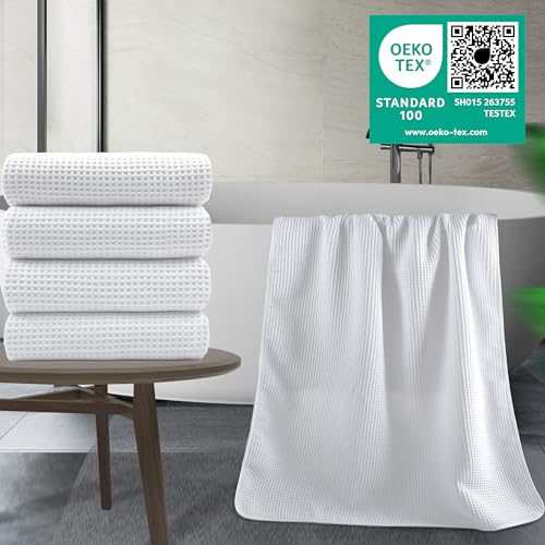 Image of POLYTE 430 GSM Microfiber Oversize Quick Dry Lint Free Bath Towel, 60 x 30 in, 4 Pack (Waffle Weave)