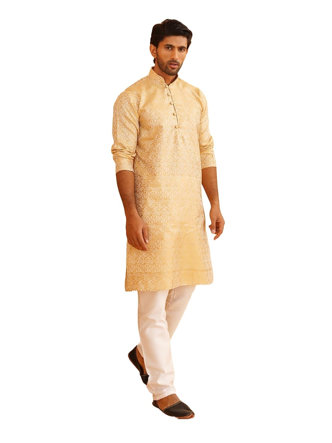 Sojanya (Since 1958 Men's Silk Blend Gold Kurta & Off White Churidar Pyjama Set Size 38