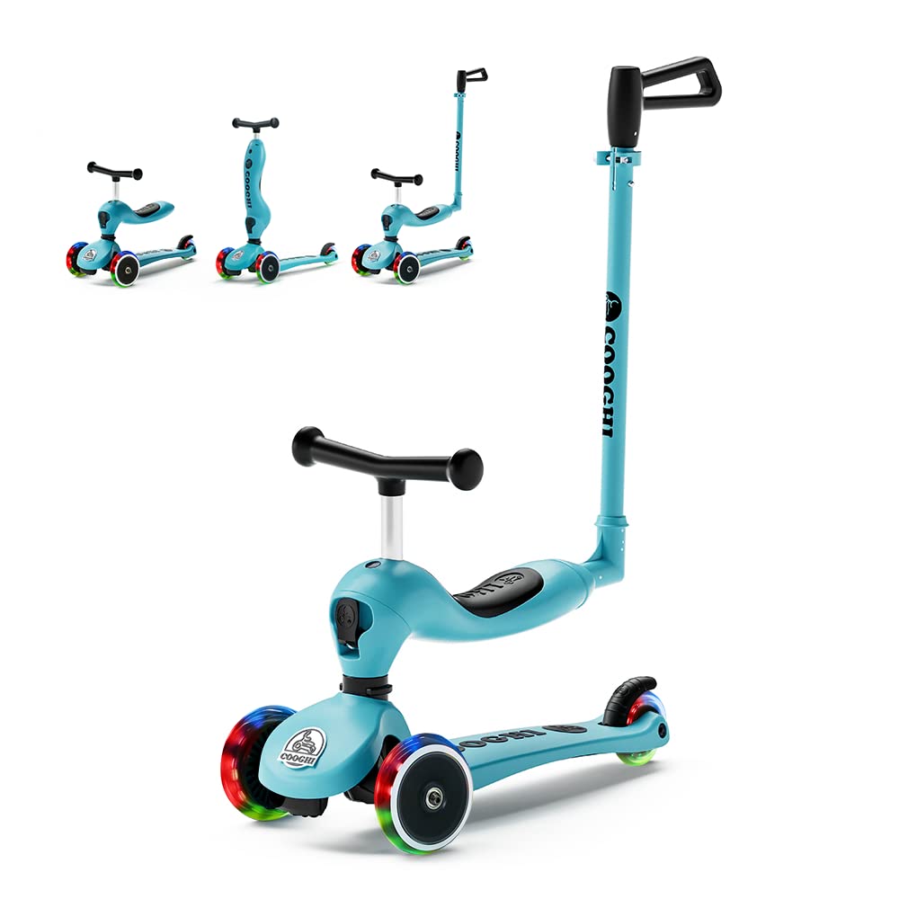 Photo 1 of COOGHI Toddler Scooter, 3-in-1 Kids Scooter with Flashing Wheels, Adjustable Parent Push Bar & Seat & Handlebar, 3 Wheel Scooter for Kids Ages 1-5, Blue