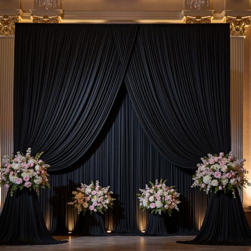 Image of 6 Panels 5x15ft Black Backdrop Curtains for Parties, Wrinkle Free Polyester Black Photo Backdrop Drapes 15 ft Long Back Drop Cloth for Wedding Birthday Photography Background Party