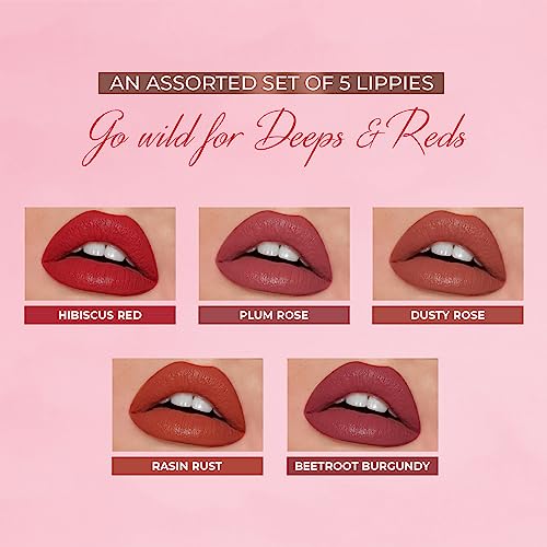 Just Herbs Organic Liquid Lipstick Kit Set Of 5, Hydrating & Lightweight Lip Color - Paraben & Silicon Free - 1.6 Fl Oz. (Deeps & Reds) #TOP1