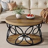 Tribesigns Mesa de centro redonda de 80 cm con espacio de almacenamiento, grano de madera marrón rústico y marco de metal negro