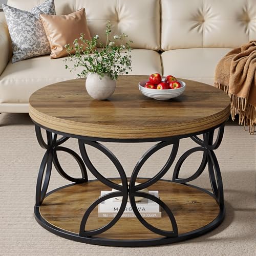 Tribesigns 80 cm runder Couchtisch mit Stauraum, 2-stufiger Wohnzimmertisch für Wohnzimmer und Büro, rustikale braune Holzmaserung und schwarzer Metallrahmen