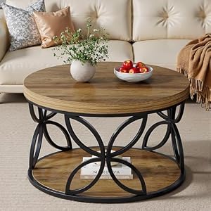 Tribesigns Table Basse Ronde avec Rangement 80 cm, Table Basse Industrielle à 2 Niveaux, Table de Salon Bois et Métal, Table Centrale pour Salon, Séjour, Appartement et Bureau (Marron Rustique)