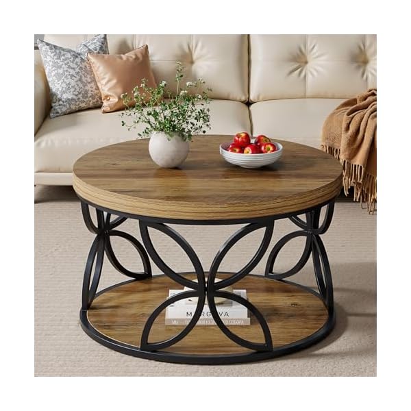 Tribesigns Table Basse Ronde avec Rangement 80 cm, Table Basse Industrielle à 2 Niveaux, Table de Salon Bois et Métal, Table Centrale pour Salon, Séjour, Appartement et Bureau (Marron Rustique)